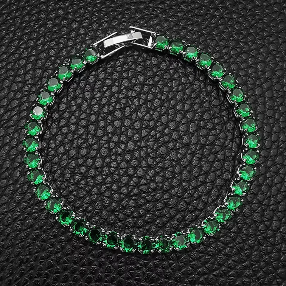 Pulsera Tenis Plata 4mm Redonda Simulada Verde Esmeraldas 7.5'' Largo Foto 2 de 3