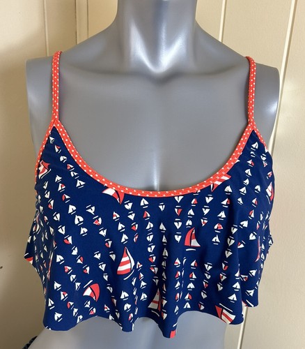 Sperry Top Sider Bikini Swim Top Blue Sailboat Print Orange polka dot trim Sz L