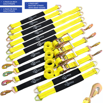 12 Pack Axle Straps Car Trailer Hauler Ratchet Tie Down Straps with Snap Hooks