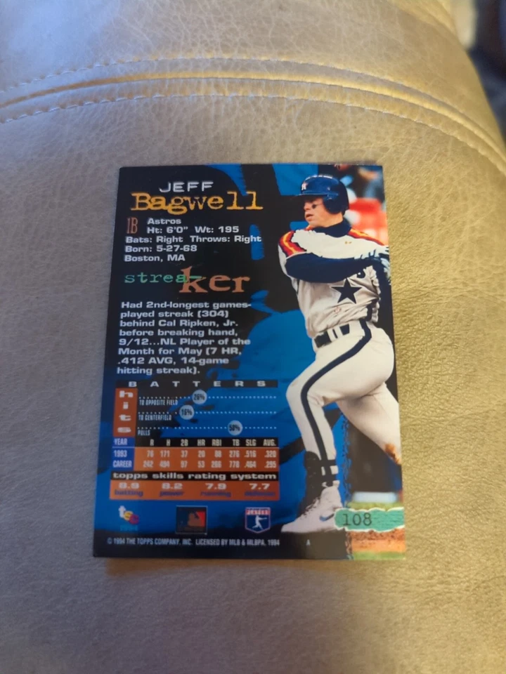 1994 TOPPS STADIUM CLUB 1st DAY ISSUE JEFF BAGWELL HOUSTON ASTROS CARD #108 - Image 2 of 2