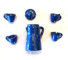 Dollhouse Miniature Toy Enamel Spatterware Coffee Pot  Cups Set Blue Speckle