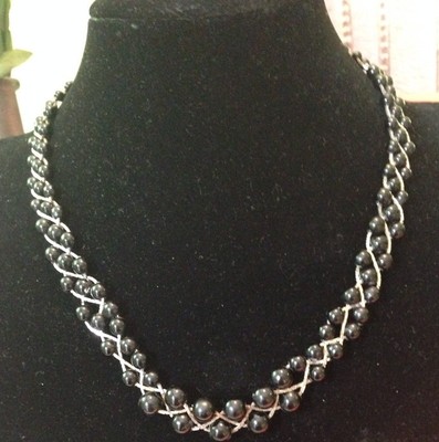 Black Beaded Necklace Silver Tone 17 Inch Necklace 