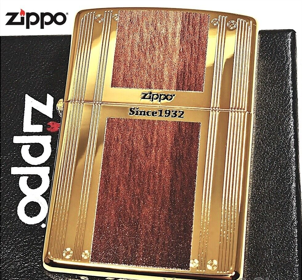 Zippo wood & line double-sided processing gold Since1932 unused