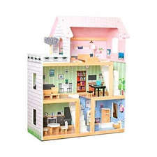 Lil' Jumbl Kids Wooden Dollhouse, 17-Piece Accessories & Furniture are Includ...