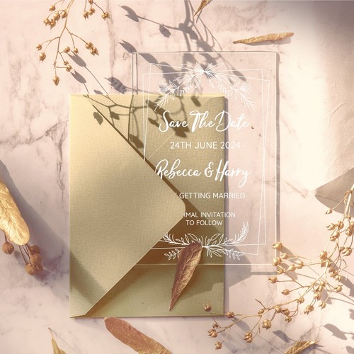 White Deco Line Frame Acrylic Clear Luxury Wedding Save The Date Invite Cards - Picture 5 of 6