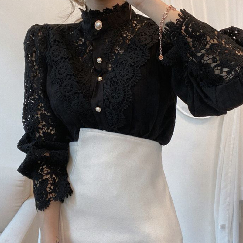lace puff blouse レディース Lady Lace Floral Hollow Out Shirt Blouse Tops Long Puff