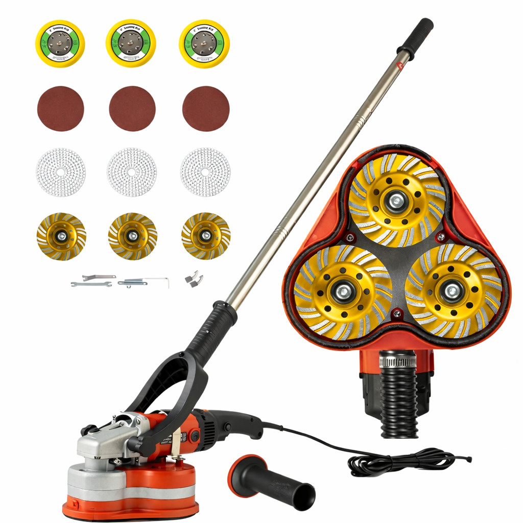 Electric Diamond Polisher Machine+Telescopic Rod 3800W 6 Speed Gears Triple Head