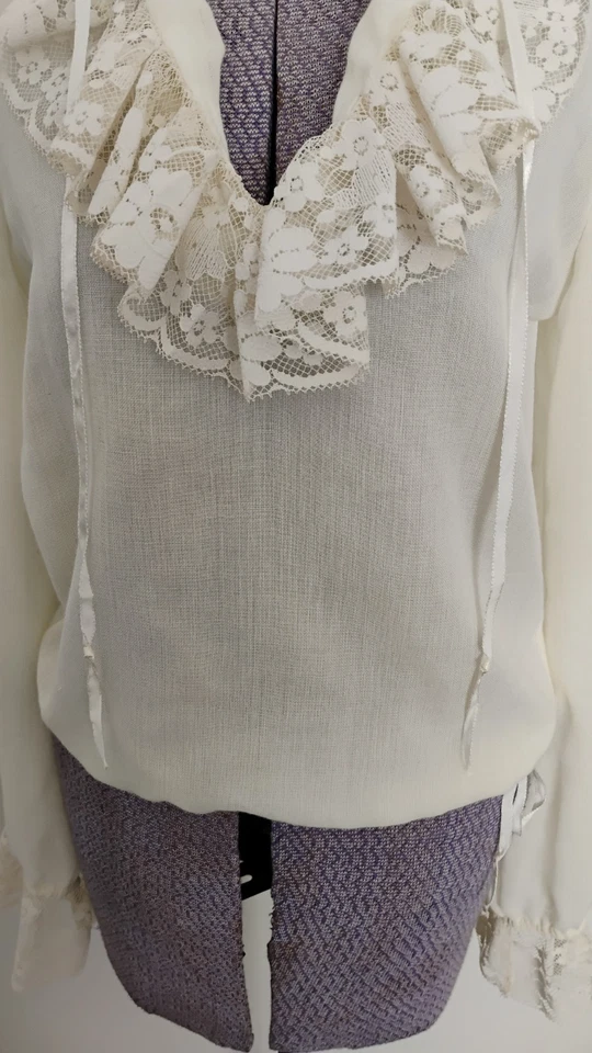 Camisa Blusa Jan Strass Marfil Bohemia LS 70 Hippie Transparente Corbata Cintura Volantes S Foto 3 de 4