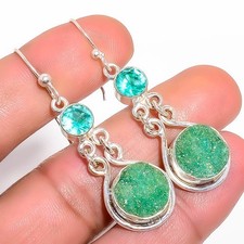 Titanium See Blue Agate Drusy & Neon Apatite 925 Silver Plated Earring 2.11