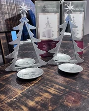 Vtg Set 2 Christmas Tree Pillar Candle Holder Holiday Time Silver Mirrored Hang