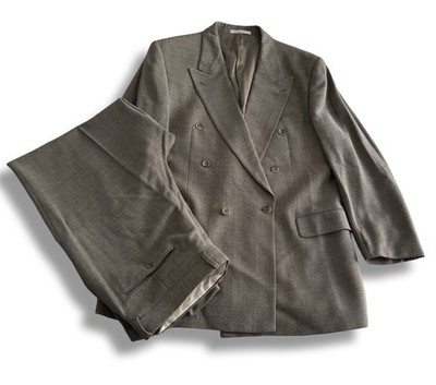 Vintage 80s HUGO BOSS 44L36x31 Double Breasted Peak Lapel Tan Wool Suit  G2U
