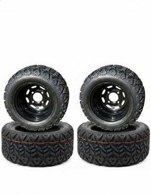 10'' Black Steel Golf Cart Wheels and 18x9-10 DOT All Terrain Tires (Set of 4)