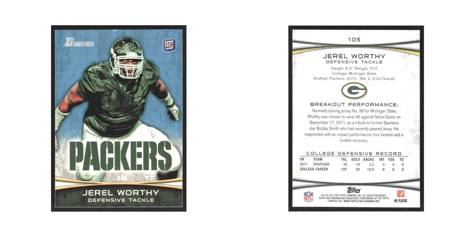 2012 Bowman Jerel Worthy RC Packers #105 - Image 3 of 3