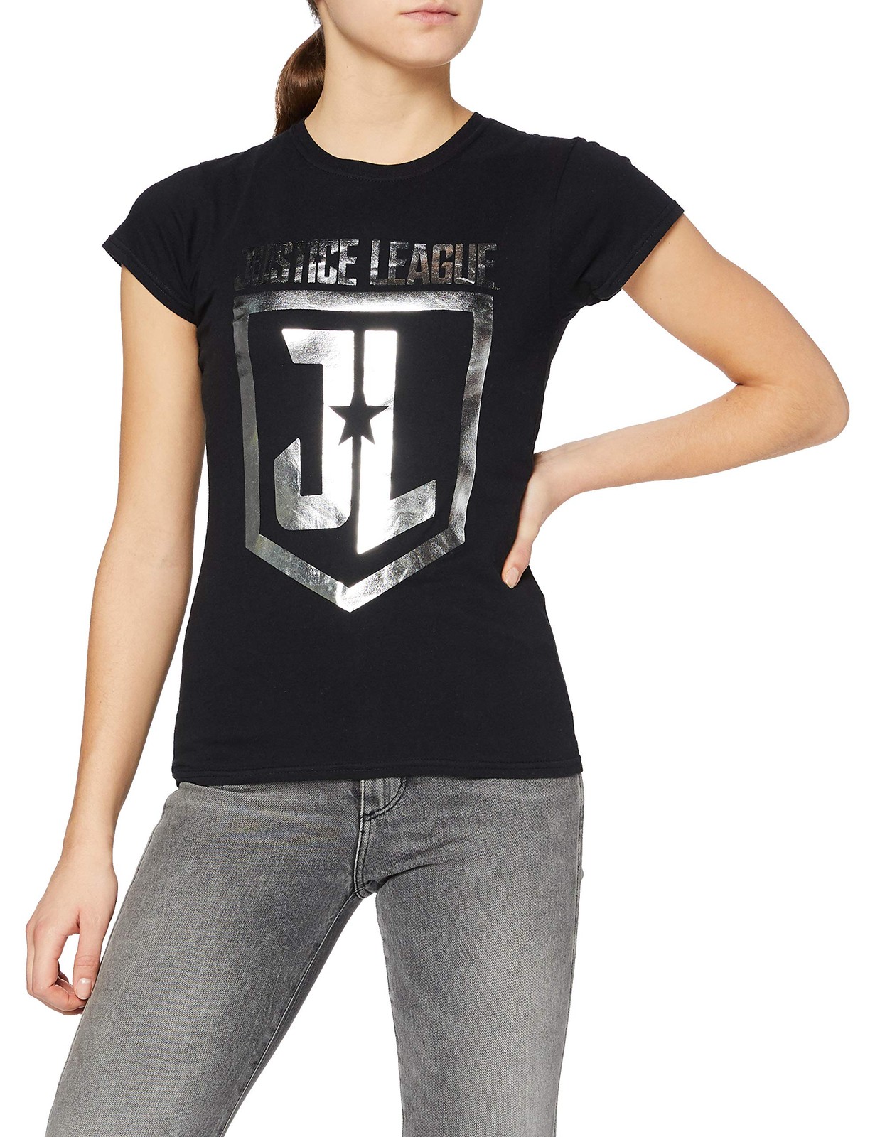 Женская футболка с логотипом фильма ЛИГА СПРАВЕДЛИВОСТИ из фольги, черная