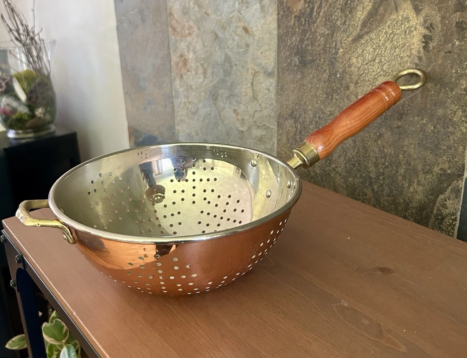 Vintage Copper Colander Strainer Brass Handle Wood Grip 9" Farmhouse Decor
Opens in a new window or