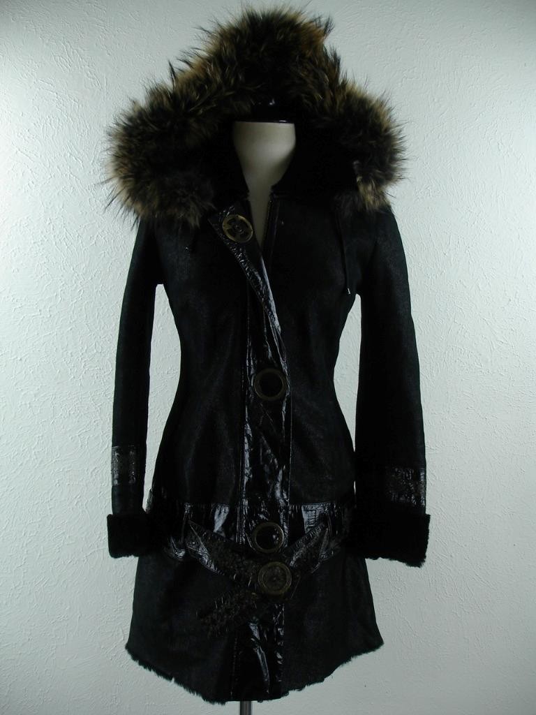 Women's sz S Gina Bacconi Genuine Fur Sheepskin Shearling Black Detachable Hood