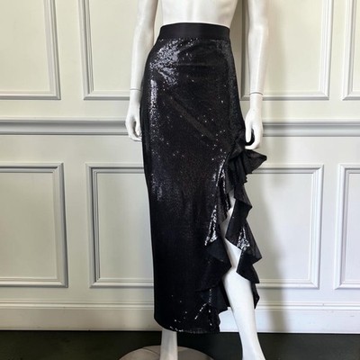 Amy Lynn Black Sequin Satin Ruffle Tight Slit High Waist Maxi Skirt Party Event