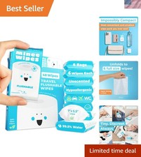 Travel Essential Flushable Wipes - Gentle for Sensitive Skin, 8 Packs of 6