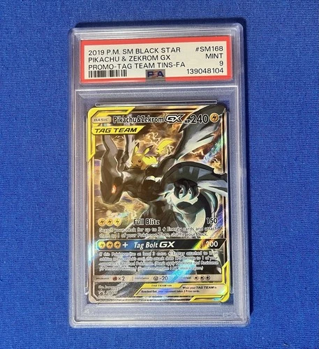 2019 PM SM Black Star Pikachu & Zekrom GX Promo Tag Team Tins FA #SM168 PSA 9