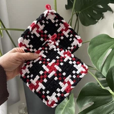 Set 2 Handmade 7” Black White Red Patchwork Artisan Cotton Potholder Hotpad Gift