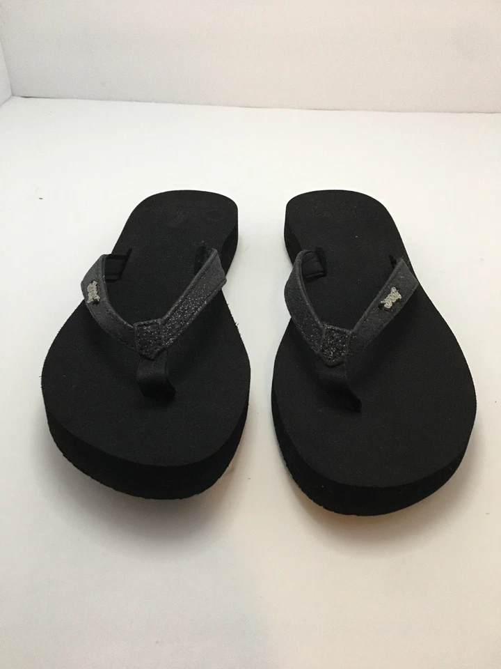 Reef черный шлепанцы размер США W's 8 подушка логотип блестящий сандалии стринги обувь - Изображение 3 из 4