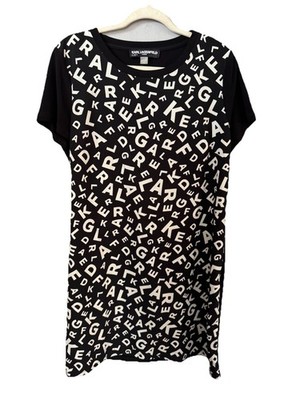 KARL LAGERFELD Paris Black & White Spell Our All Over T-SHIRT DRESS Size Large