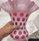 Fenton Pink White Red Polka Dot Art Glass Vase Ruffled Rim Decorative Glossy F