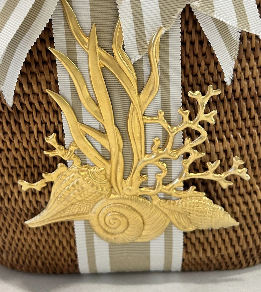 Raro Bolso Cubo Vintage Bosom Buddy Tejido a Mano Paja Beige Blanco Cinta a Rayas Foto 3 de 4