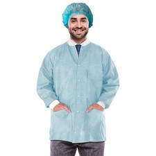 Sky Blue Disposable Lab Jackets SMS 50 gsm Snaps Front 100 Count Large 31 in