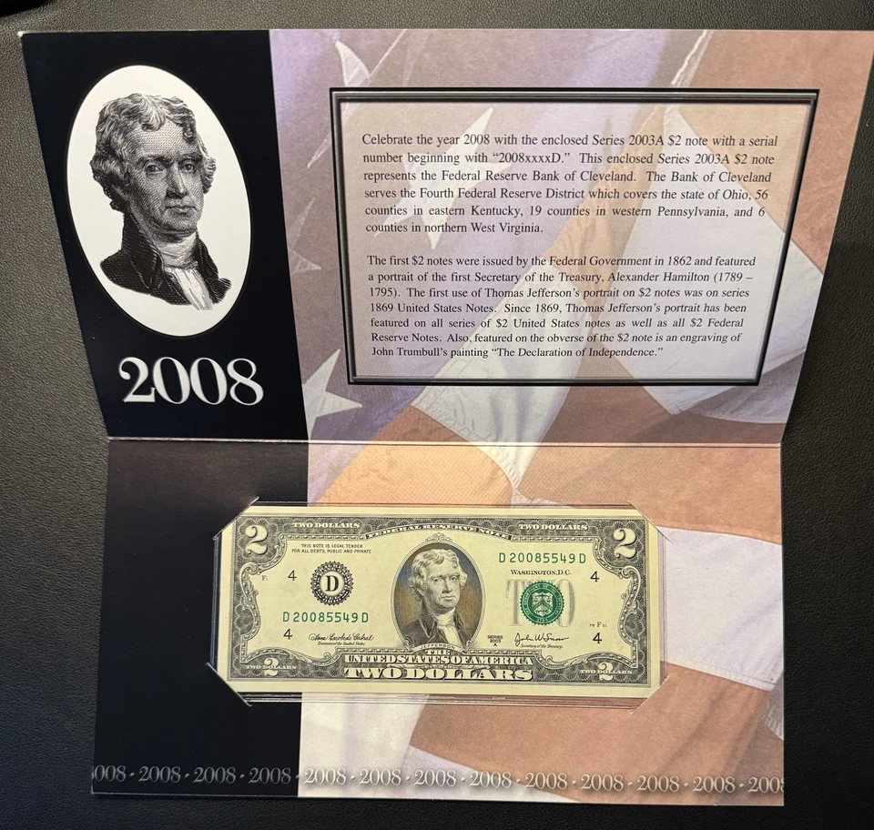 Five (5) consecutive serial $2 notes - 2008 Cleveland - original govt packaging - Image 3 of 4