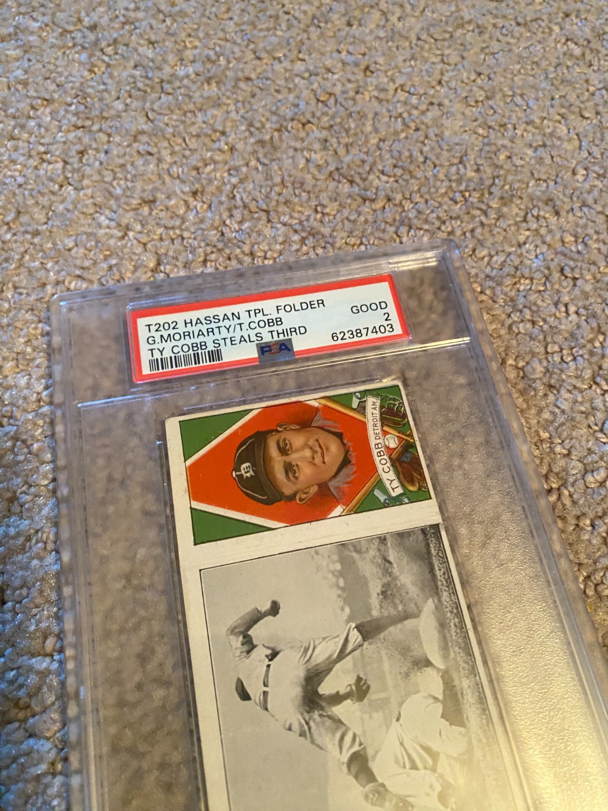 TY COBB T202 HASSAN TRIPLE FOLDER W/COBB STEALING THIRD PSA 2 62387403 CLEAN view 5