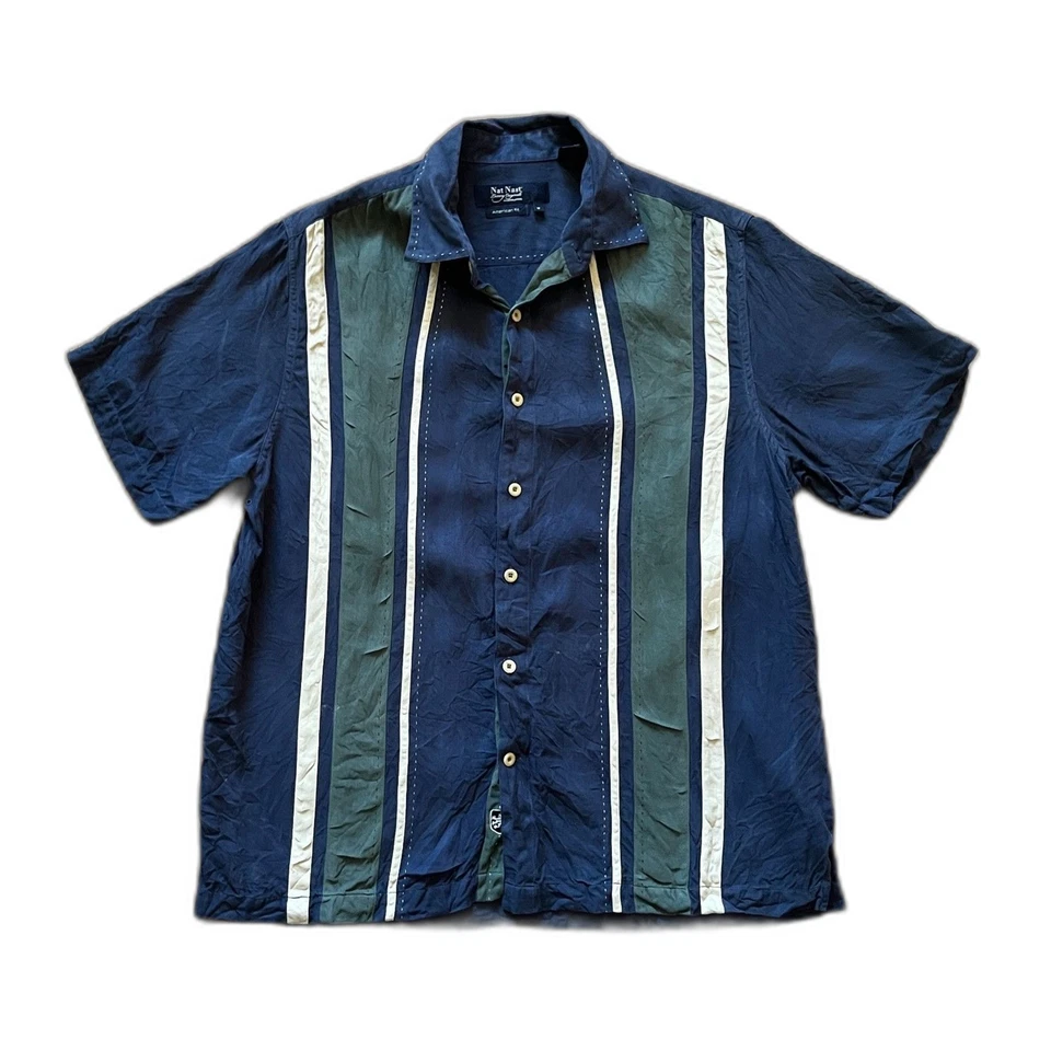 Camisa abotonada de seda a rayas azules verdes de lujo Nat Nast para hombre talla mediana Foto 2 de 4