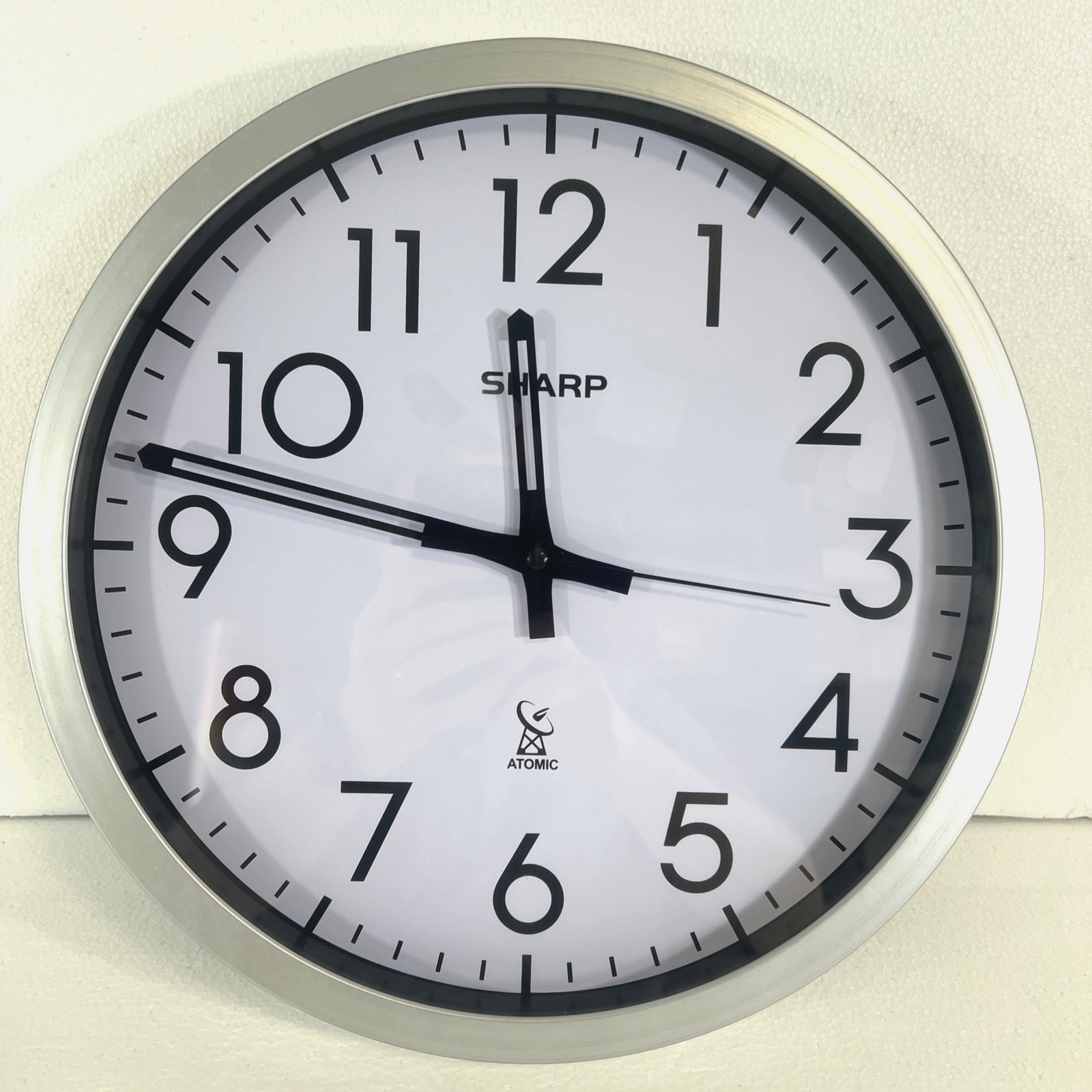 SHARP ATOMIC ANALOG WALL CLOCK 12" SILVER BRUSHED FINISH SETS AUTOMATICALLY