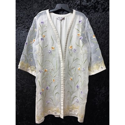 Vtg 90s Donna Vinci Kimono Womens 12 Floral Embroidered Dainty Cottagecore Fairy