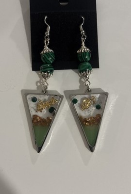 Handcrafted Beaded Resin Green & Gold Dangle Earrings