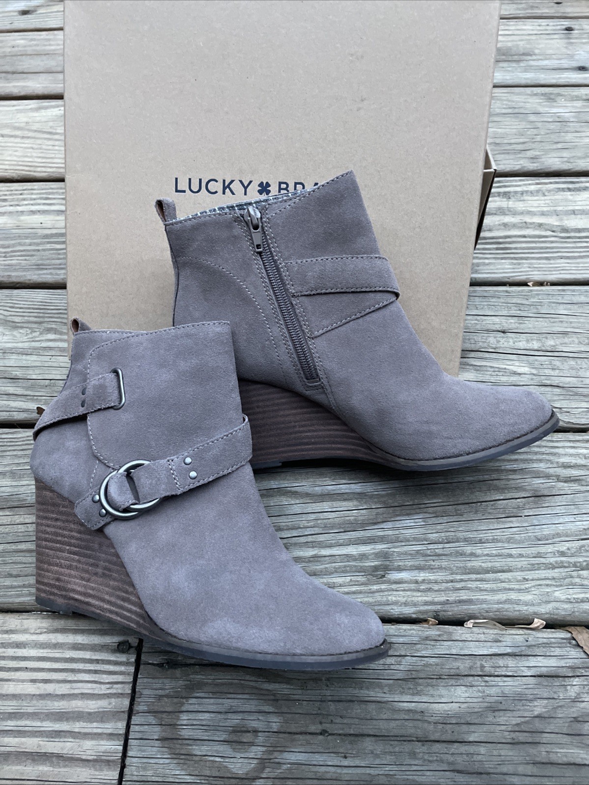 NEW Lucky Brand Bartolino Taupe Suede Ankle Boots Side Zippers Women's Size 9.5