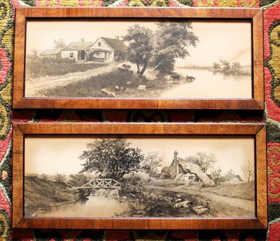 2 Fine 20''x8.5'' Steel Engravings Country Scenes in Walnut Veneered Frames c.1910