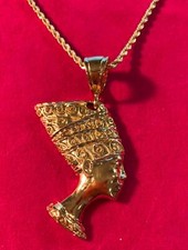 14KT GOLD PLATED NEFRETITI  EGYPTIAN CHARM 2 3/4" HIGH & 24" 3MM ROPE CHAIN-6003