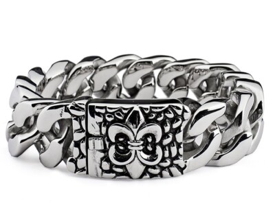 Heavy Polished Fleur-de-Lis Engraved Clasp 316L Stainless Steel Bracelet from US
