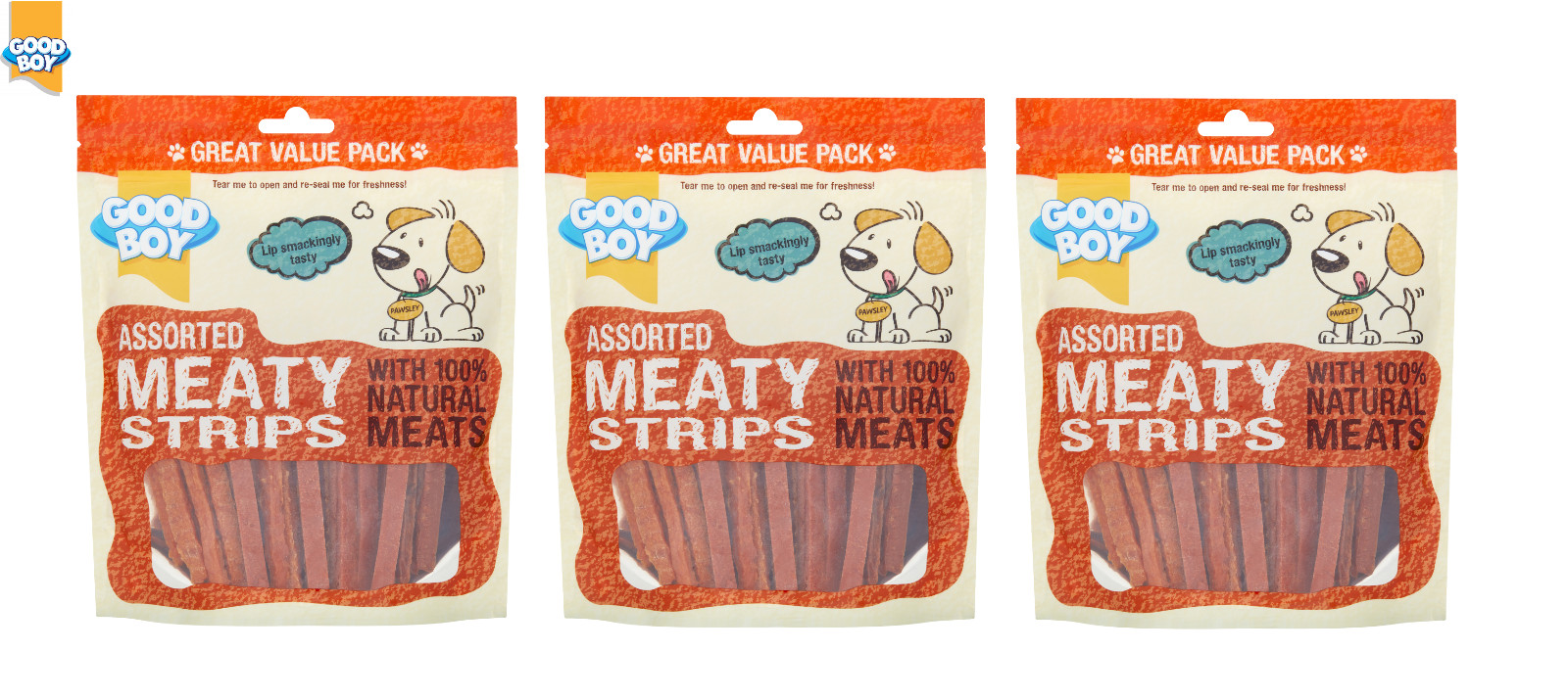 3 X 300G GOODBOY PAWSLEY & CO VALUE PACK DOG TREATS ASSORTED MEATY STRIPS PUPPY