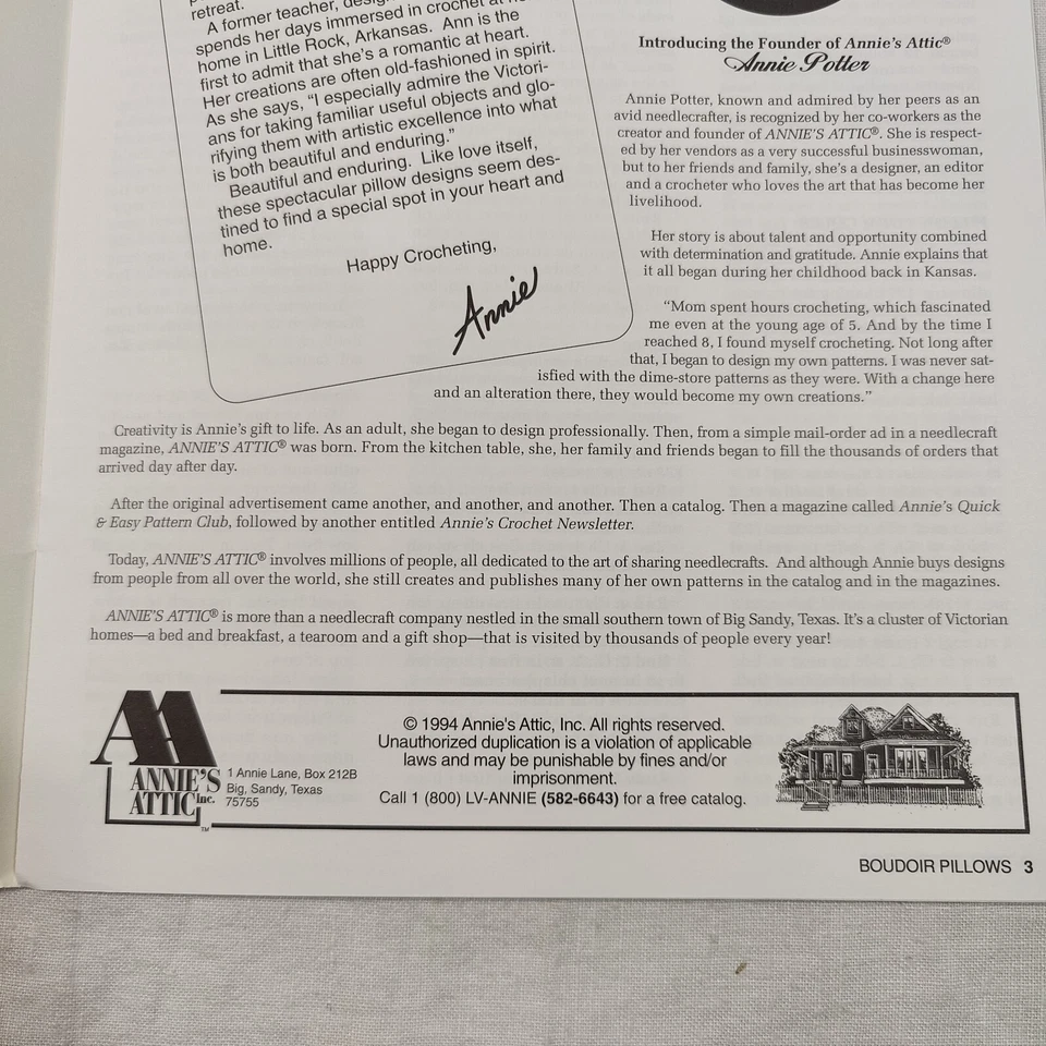 1994 Annie's Attic Boudoir Pillows Knit & Crochet Yarn Design Pattern Book - Image 4 of 4