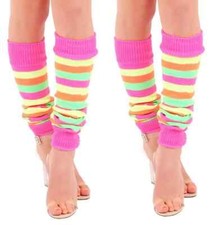 2 x Pairs Girls Pastel Multi Coloured Leg Warmers 80s Pride Costume Dance Wear