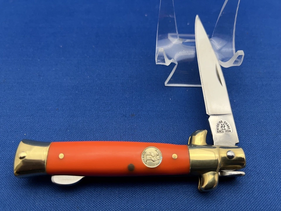 Cuchillo de Bolsillo Naranja Hoja de Bloqueo Plegable Manual Premium Kissing Crane Stiletto Certificado de Autenticidad Foto 4 de 4