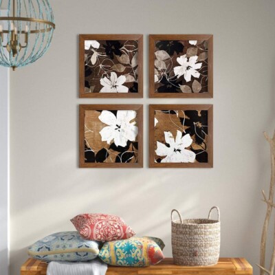 Flower Set of 4 Brown Framed Painting UV Textured Art Prints