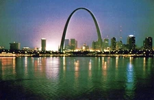 St. Louis Skyline At Night Glowing Lights Downtown Vintage Chrome Post Card