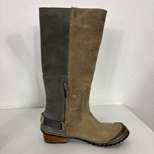 Sorel Tan Leather & Grey Suede Tall Riding Winter Boots Women's Size 6.5 - Picture 13 of 14