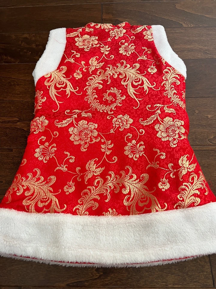 Girls Red Embroidery Flower Faux Fur Chinese Dress Size 6 - Image 2 of 4