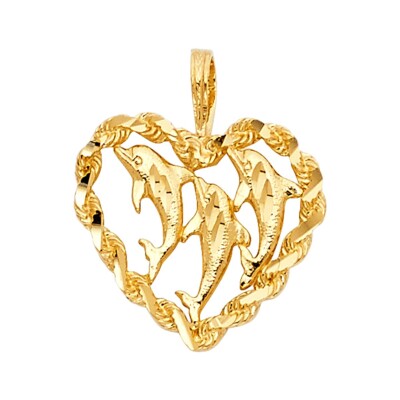 14 Karat Gelbgold Herz mit Delfin Anhänger