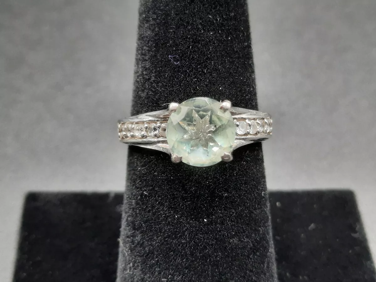 STS 925 Silver Ring with Light Green Stone and Rhinestones on Band Size 7.25