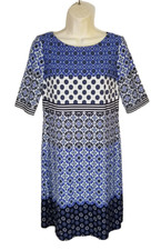 Eliza J Women Size 6 Shift Dress Blue Black White Geometric Half Sleeve Stretch